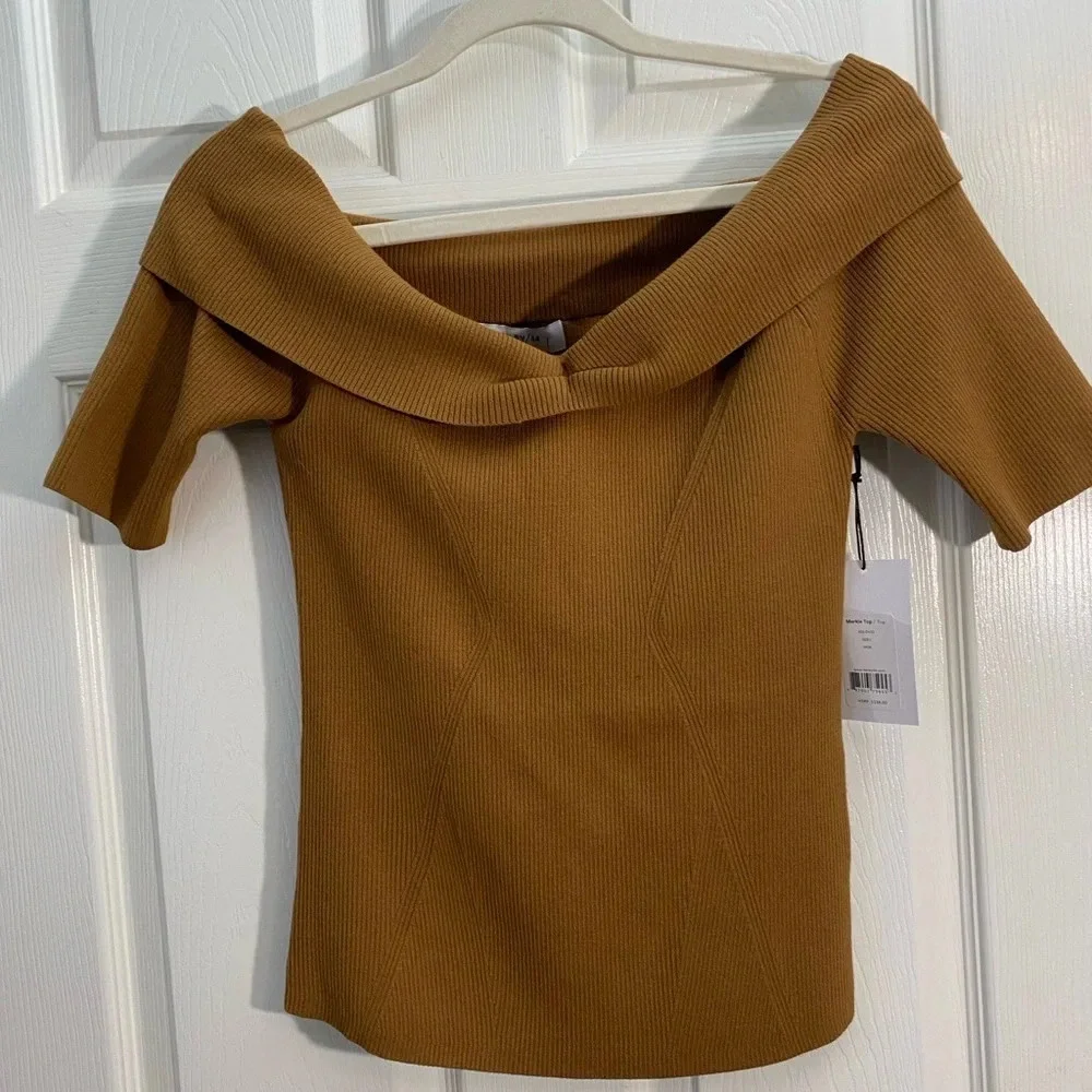 Bailey 44 Camel Off Shoulder Top L Long Sleeve Ribbed Stretch Casual NWT - Picture 5 of 8